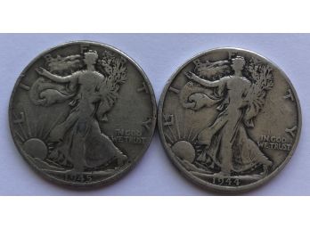 2 Walking Liberty Half Dollars Dated 1944 D, 1945