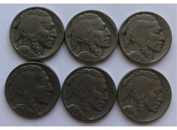 6 Buffalo Nickels Dated 1926, 1930, 1934, 1935, 1936, 1937