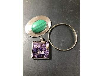 Pretty Jewelry Lot Of 3 Sterling Silver Lovelies With Lovely, Colorful Stones -inc Malachite