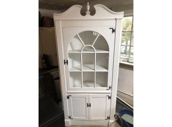 Vintage Colonial Style Country Corner Cabinet - Painted White, Nice Top Broken Arch & Finial- Lots Of Storage