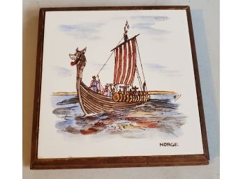 Scandinavian Vikings Wood Boat Trivet -colorful Scene In Ceramic On Wood Base