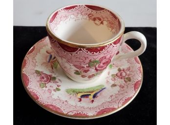 Vintage & Lovely Tea Cup & Matching Saucer- Transferware Made In France- Covered With Pairs Of Doves & Flowers