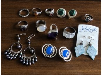 Vintage Lot Of Sterling Silver Jewelry Rings & Earrings Pearls Stones Gems