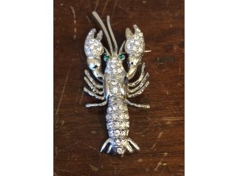Beautiful Lobster Pin: Crystal With Emerald Eyes, Coastline Costume Jewelry (tA)