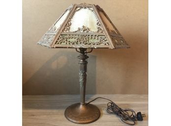 Antique Edward Miller Slag Glass Lamp With A Bronze Base -Lyres And Urns Ornamentation Around A 6-panel Shade