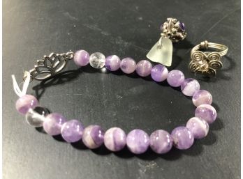 Beautiful Lot Of 3 Pieces Of Jewelry: 1 Amethyst Bracelet, One Ring, One Pendant