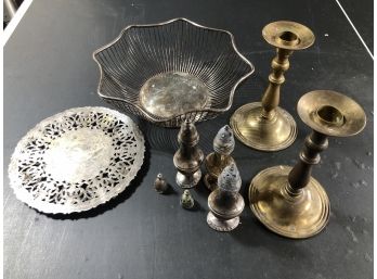 Silver Plate Lot With A Pair Of Brass Candle Sticks
