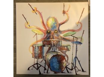 Artist Hand Embellished Canvas Art : Large Octopus Drummer Painting