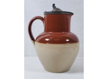 Very Nice Antique Two Tone Brown & Tan Stoneware Pitcher With Pewter Flip Top