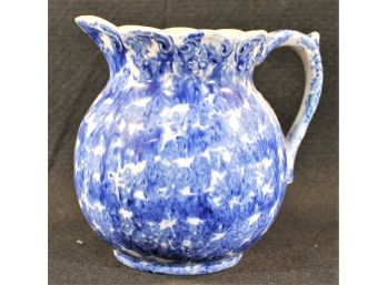 Antique Cobalt Blue And White Spongeware Pottery Pitcher