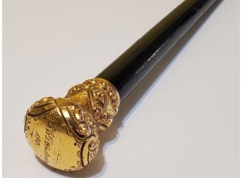 Antique 1901 Gold Plated Capped Black Wood Inscribed Presentation Walking Stick