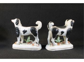 Cute Antique Pair Porcelain Black And White Spaniel Figurines With Painted Applied Floral Base