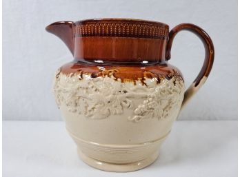 Antique English / Welsh Grape Vine Embossed Two Tone Brown & Tan Glazed Stoneware Pottery Pitcher