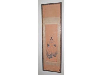 Dramatic Tall Antique Framed Chinese Fisherman With Pole & Fish Watercolor On Paper