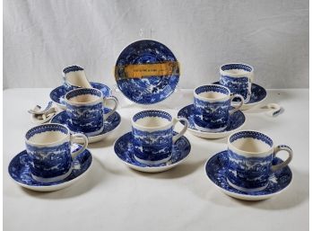 Vintage Wedgwood Of Etruria & Barlaston Porcelain Blue Transferware Landscape Demitasse Set