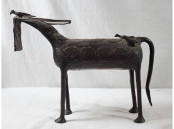 Vintage Heavy Handcrafted Tribal Metal Bull / Cow & Bird Figurine