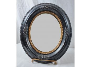 Antique Black & Gold Painted Oval Floral Carved Wood Framed Wall Mirror