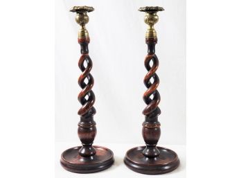 Handsome Pair Of Vintage Twisted Burl Wood & Brass Taper Candlestick