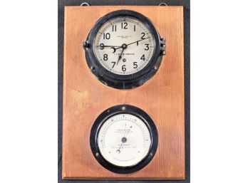 Vintage WWII Era Chelsea Clock US Maritime Commission Clock & US Navy Pressure Of Mercury Gauge
