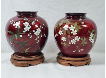 Beautiful Pair Of Vintage Japanese CPO Bright Red Hand Painted Vases On Carved Wood Stands