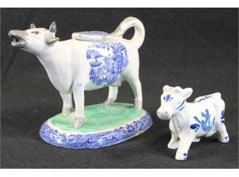 Two Antique Delft & Painted Porcelain Cow Creamer & Figures