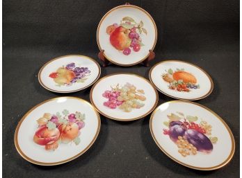 Set Of Seven Vintage E&R Golden Crown Orchard White & Gold Leaf Porcelain Dessert Plates