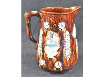 Fabulous Antique 1884 Brown Glazed 8 Floral Pottery Pitcher 'Mrs. Howe 1884'