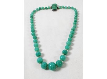 Stunning Antique Hand Knotted Graduated Jade Bead Necklace With Sterling & Marcasite Clasp
