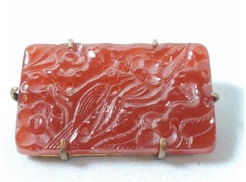 Beautiful Vintage Carved Red Carnelian/Jade Oblong Brooch