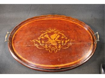 Handsome Antique Large Inlaid Wood Oval Tray With Brass Handles