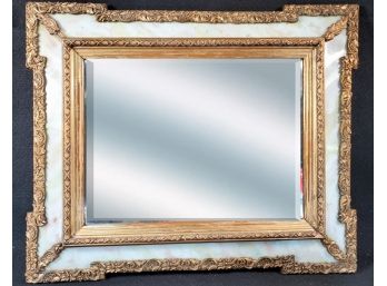 Stunning Antique Wall Mirror - Edged With Slag Glass Panels & Beautiful Ornate Carved Wood Frame