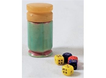 Wonderful Vintage Bakelite Tiny Lidded Multi Colored Jar With Five Tiny Dice