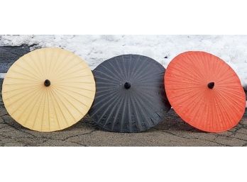 Three Vintage Chinese Multicolored Canvas And Bamboo Umbrellas