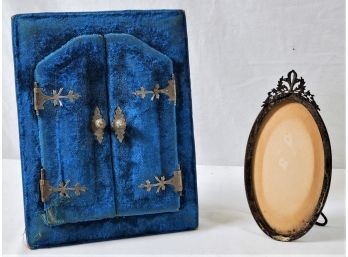 Two Beautiful Antique Photo Frames - Royal Blue Velvet Covered Arch Frame, Silver Plate Oval