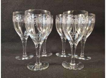 Set Of Six Delicately Etched Art Deco Vintage Crystal Wine Glass Stems