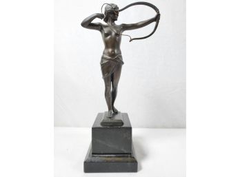 Beautiful Antique Art Deco Bronze Female Archer Statue On Black Marble Base