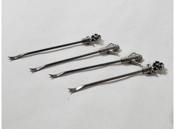 Set Of Four Vintage Clift Sterling Silver Topped Appetizer Picks- Gardening Themed Toppers