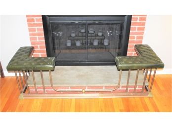 Fantastic Antique Turn Of The Century Tufted Green Leather & Brass Fireplace Club Fender