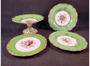 Antique Early 1800s Beautiful Green Apple Gold Leaf Porcelain With Hand Painted Flowers