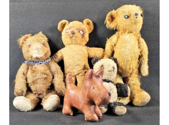 Collection Of Four Antique Plush Teddy Bears & One Leather Covered Dog