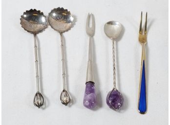Whimsical Assortment Of Sterling Silver Small Spoons & Appetizer Flatware Pieces
