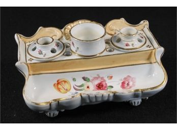 Beautiful French Art Nouveau Porcelain Inkwell Set With Inserts - Circa 1900