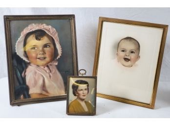 Wonderful Trio Of Antique & Vintage Family Color Photographs - All Framed