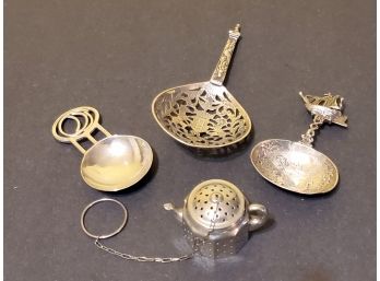 Antique & Vintage Assortment Of Silver Plate Tea Strainers & Spoons