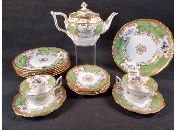 Antique Coalport Panel Apple Green Porcelain Tea Set