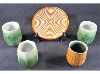 Vintage Grouping Of Handmade Glazed Stoneware Pottery - Mugs & Dish