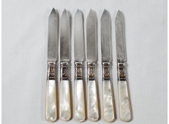 Six Vintage Meriden Cutlery Mother Of Pearl Handled Fruit Knives W/sterling Silver Band