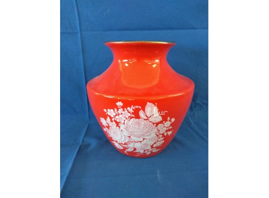 Bright Red Cloisonne Vase With White Flower Decoration