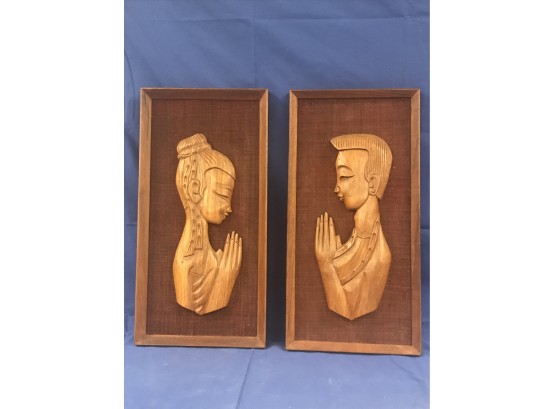 Mid Century Carved Wood Framed Figures