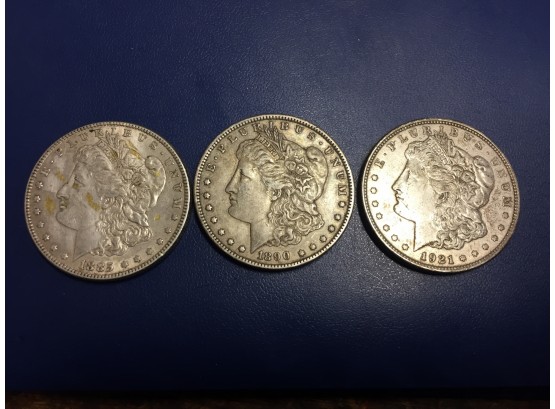 3 Pcs . Morgan Silver Dollars  1885, 1921, 1890,